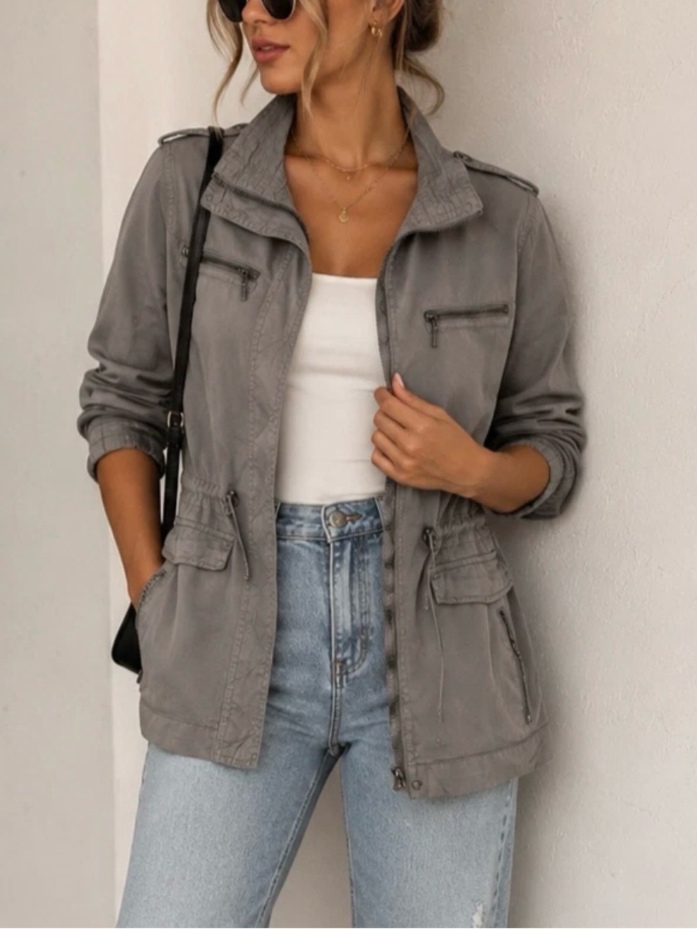 Trixxi 100% Tencel Zip Utility Safari Jacket Gray Francesca’s M Workwear Casual